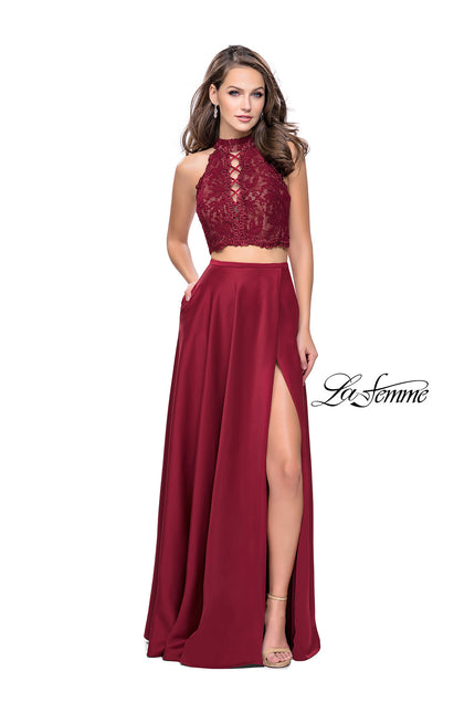 Picture of: Two piece gown with lace up top and satin A line skirt in Burgundy, Style: 25263, Detail Picture 1