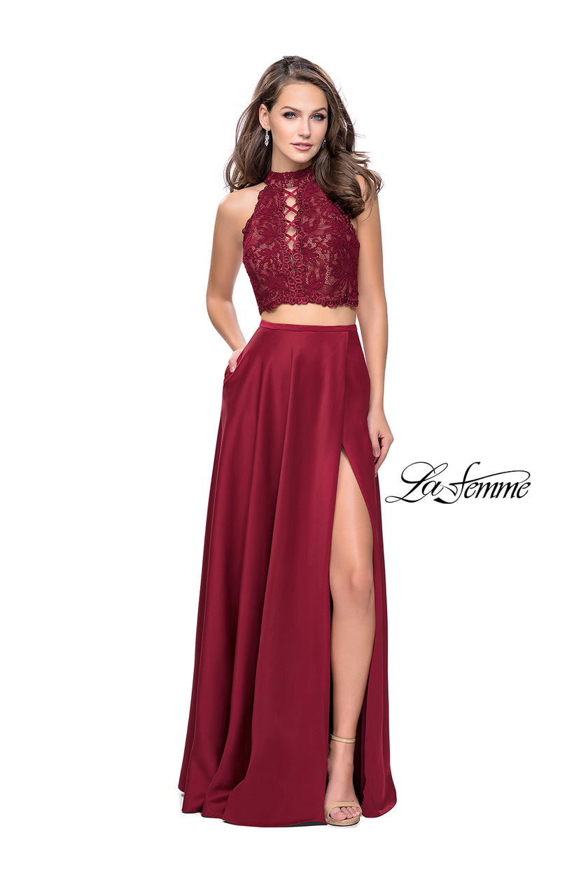 Picture of: Two piece gown with lace up top and satin A line skirt in Burgundy, Style: 25263, Detail Picture 1
