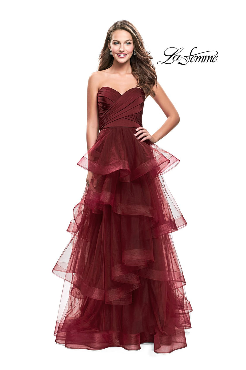 Picture of: Long Tulle Gown with Sweetheart Neckline in Burgundy, Style: 25430, Detail Picture 1