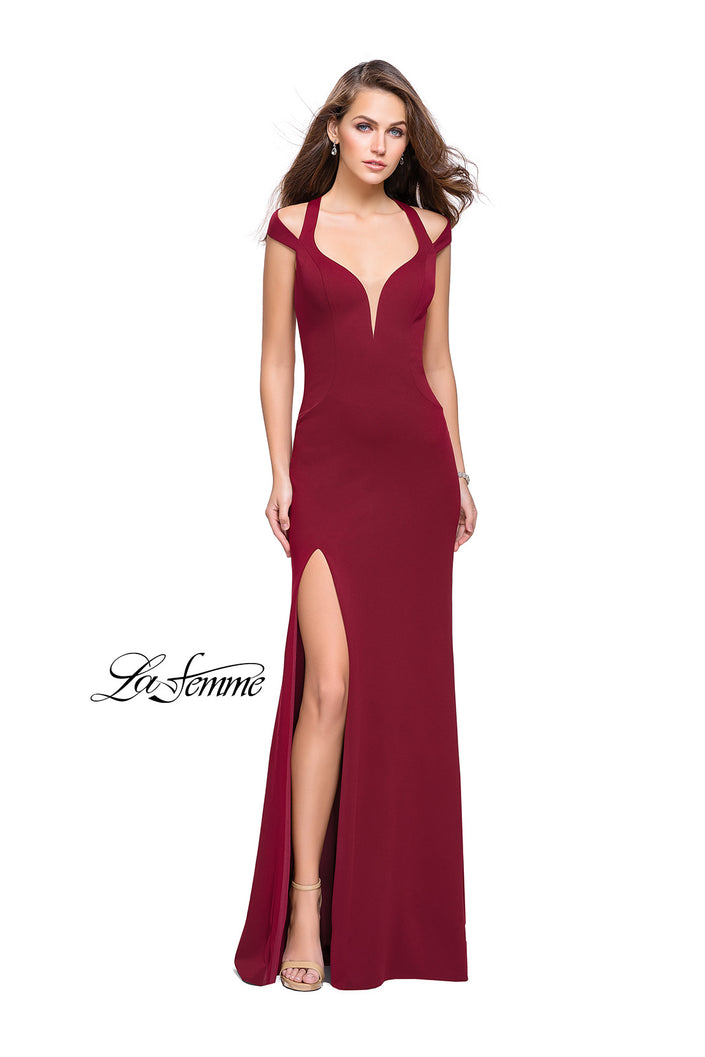 Picture of: Jersey Prom Dress with Off the Shoulder Straps in Burgundy, Style: 25761, Detail Picture 1