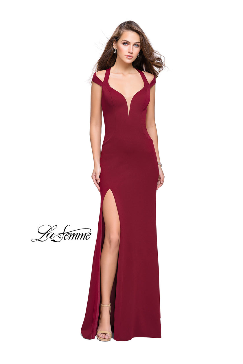 Picture of: Jersey Prom Dress with Off the Shoulder Straps in Burgundy, Style: 25761, Detail Picture 1