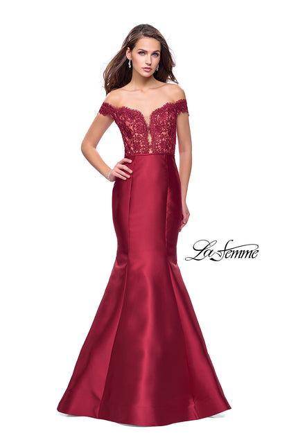 Picture of: Off the Shoulder Mikado Prom Dress with Lace and Beads in Burgundy, Style: 25926, Detail Picture 1