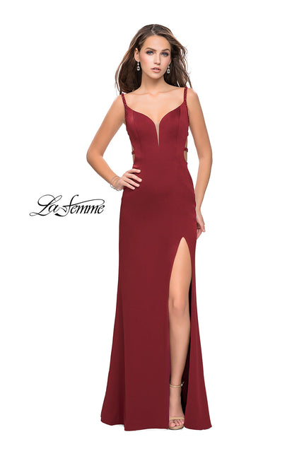 Picture of: Satin Prom Dress with Metallic Beaded Straps and Slit in Burgundy, Style: 26012, Detail Picture 1