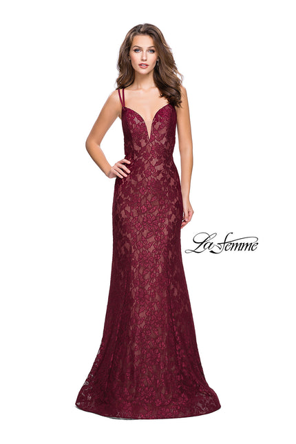 Picture of: Long Lace Mermaid Prom Dress with Double Straps in Burgundy, Style: 26043, Detail Picture 1