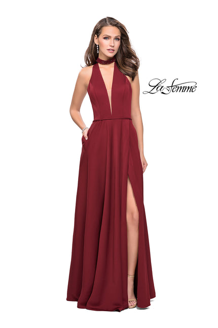 Picture of: Long Satin Prom Dress with Pockets and Beaded Choker in Burgundy, Style: 26154, Detail Picture 1
