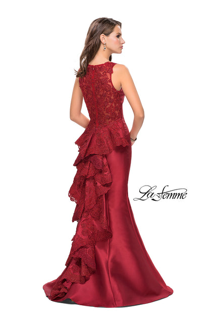 Picture of: Long Mermaid Gown with Lace Back and Ruffles in Burgundy, Style: 26217, Detail Picture 1
