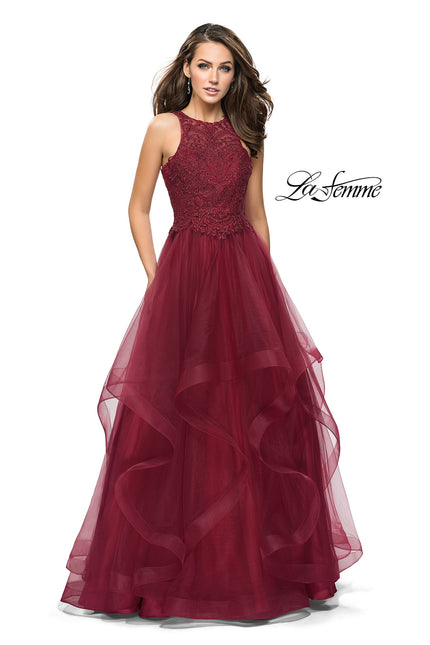 Picture of: Ball Gown with Tulle Skirt, High Neck, Beads, and Lace in Burgundy, Style: 26386, Detail Picture 1