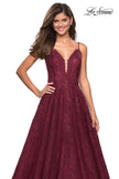 Picture of: Lace Detail Long A Line Prom Dress with Open Back in Burgundy, Style: 27030, Detail Picture 1