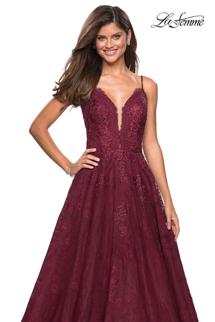 Picture of: Lace Detail Long A Line Prom Dress with Open Back in Burgundy, Style: 27030, Detail Picture 1