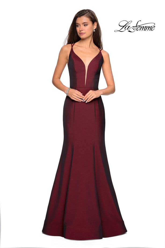 Picture of: Long Jersey Prom Gown with Open Strappy Back in Burgundy, Style: 27446, Detail Picture 1