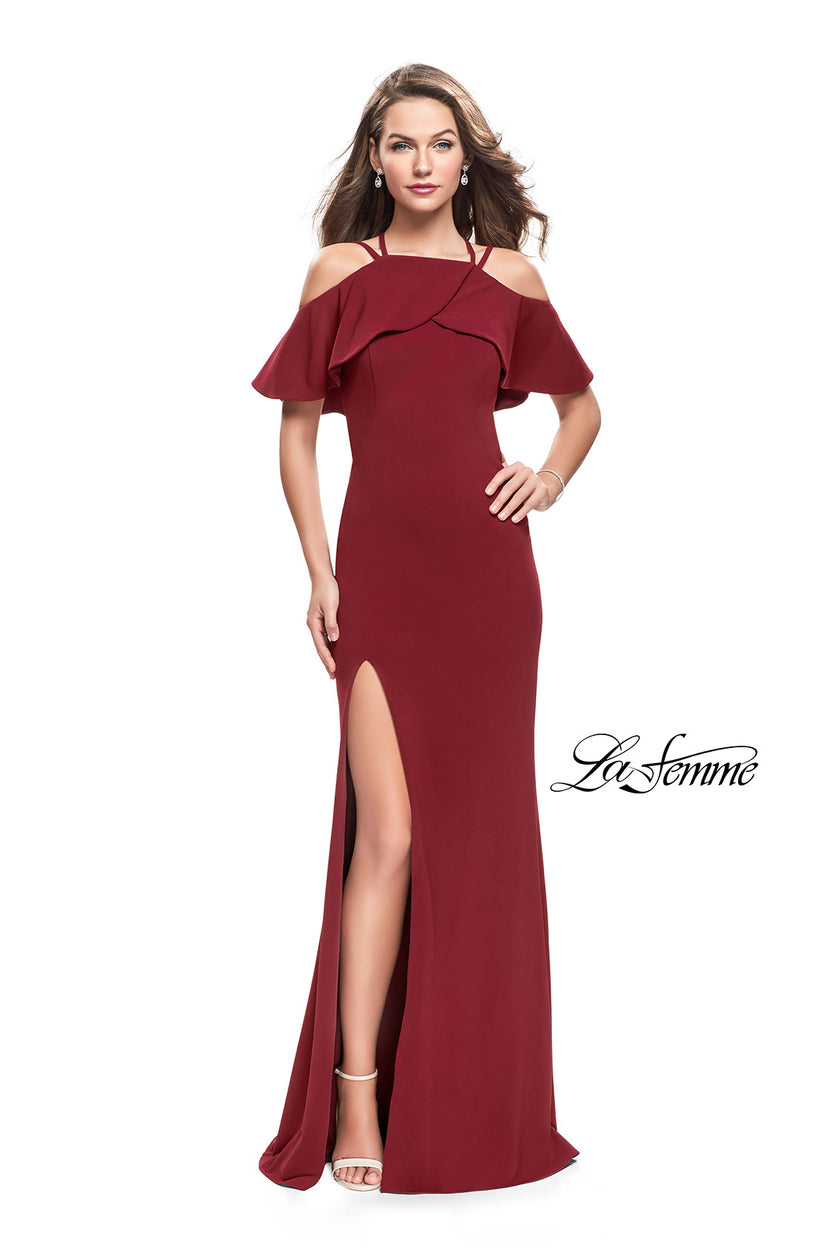 Picture of: Long Jersey Prom Dress with Off the Shoulder Ruffle Detail in Burgundy, Style: 25556, Detail Picture 2