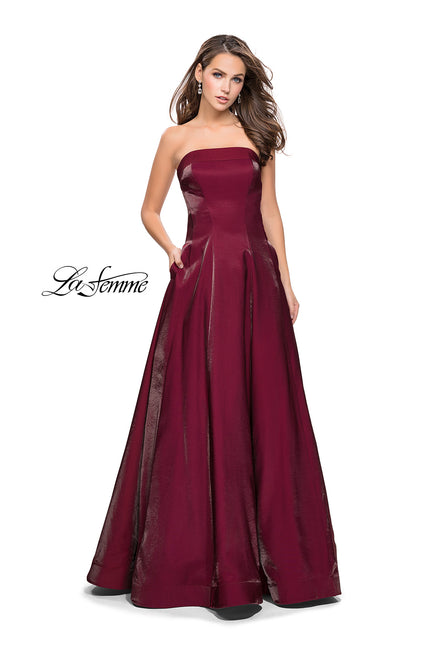 Picture of: Long Strapless Two-Tone Satin Ball Gown with Pockets in Burgundy, Style: 25638, Detail Picture 2