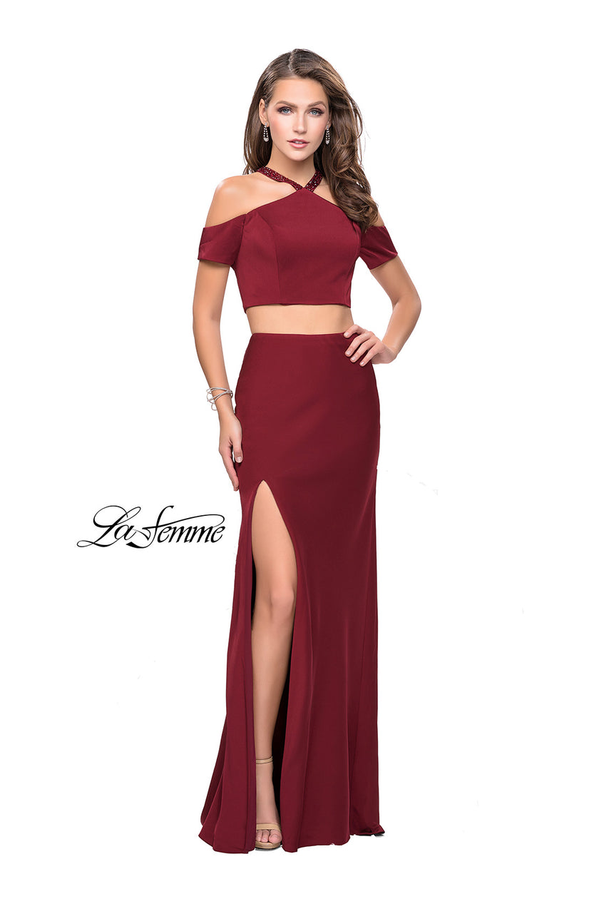 Picture of: Two Piece Long Prom Dress with Beaded Halter Top in Burgundy, Style: 25846, Detail Picture 2