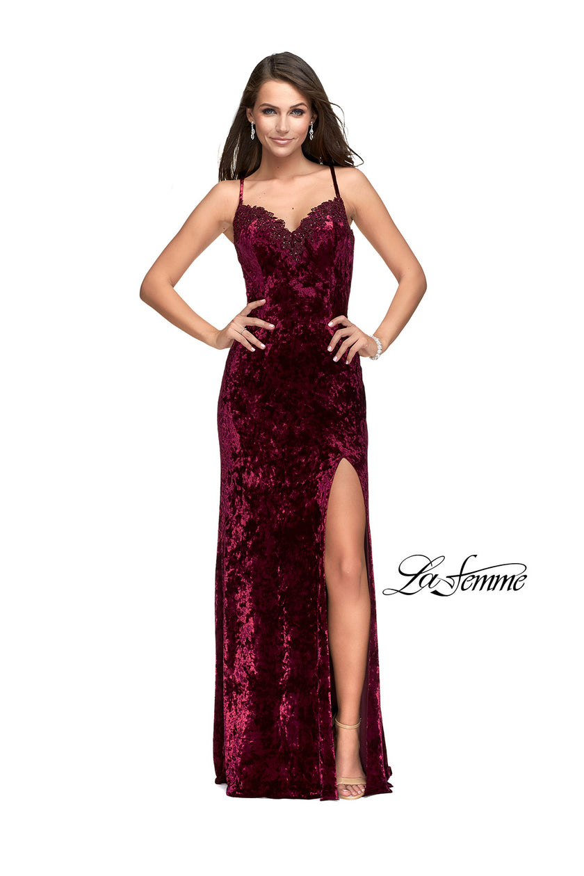 Picture of: Crushed Velvet Prom Dress with Lace Neckline in Burgundy, Style: 25881, Detail Picture 2
