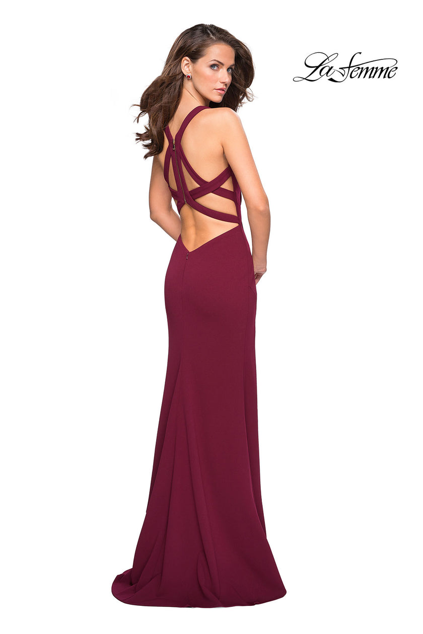 Picture of: Long Jersey Prom Dress With Exposed Back Zipper in Burgundy, Style: 27031, Detail Picture 2
