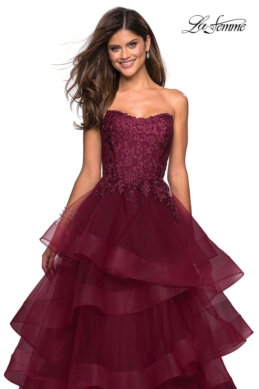 Picture of: Strapless Floor Length Layered Tulle Prom Gown in Burgundy, Style: 27291, Detail Picture 2