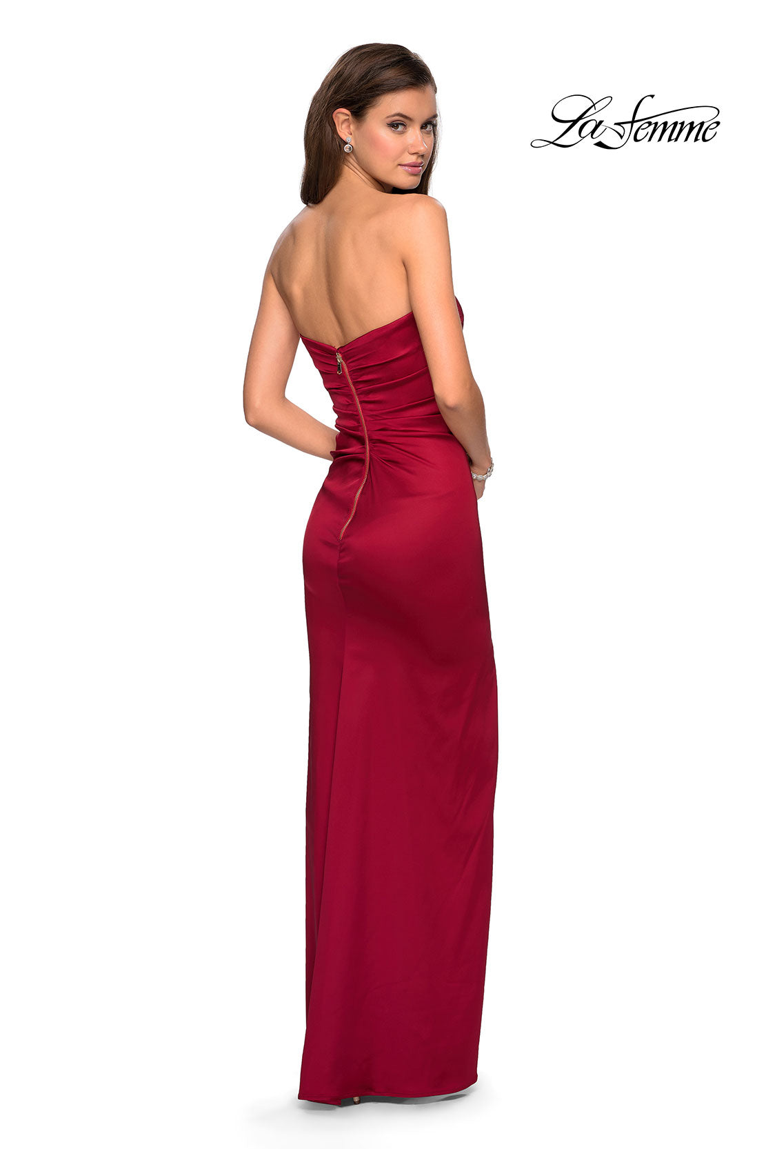 Picture of: Strapless Form Fitting Satin Dress with Side Leg Slit in Burgundy, Style: 27787, Detail Picture 2