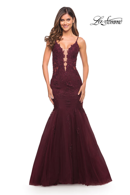 Picture of: Tulle and Lace Mermaid Gown in Jewel Tones in Burgundy, Style: 29680, Detail Picture 2
