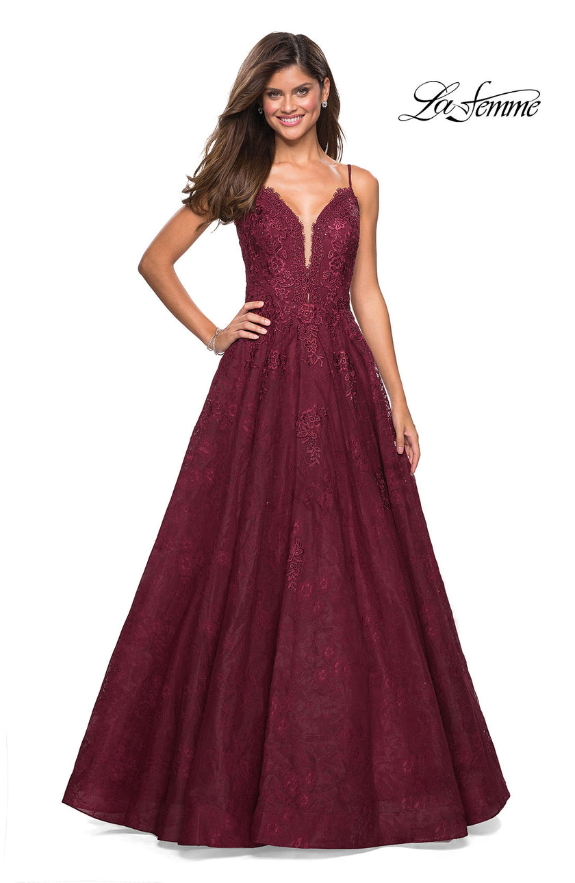 Picture of: Lace Detail Long A Line Prom Dress with Open Back in Burgundy, Style: 27030, Detail Picture 3