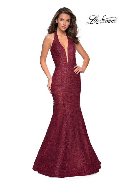 Picture of: Metallic Lace Halter Long Prom Dress with Open Back in Burgundy, Style: 27228, Detail Picture 3