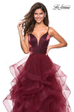 Picture of: Cascading Tulle Gown with Satin Top and V Back in Burgundy, Style: 27502, Detail Picture 4