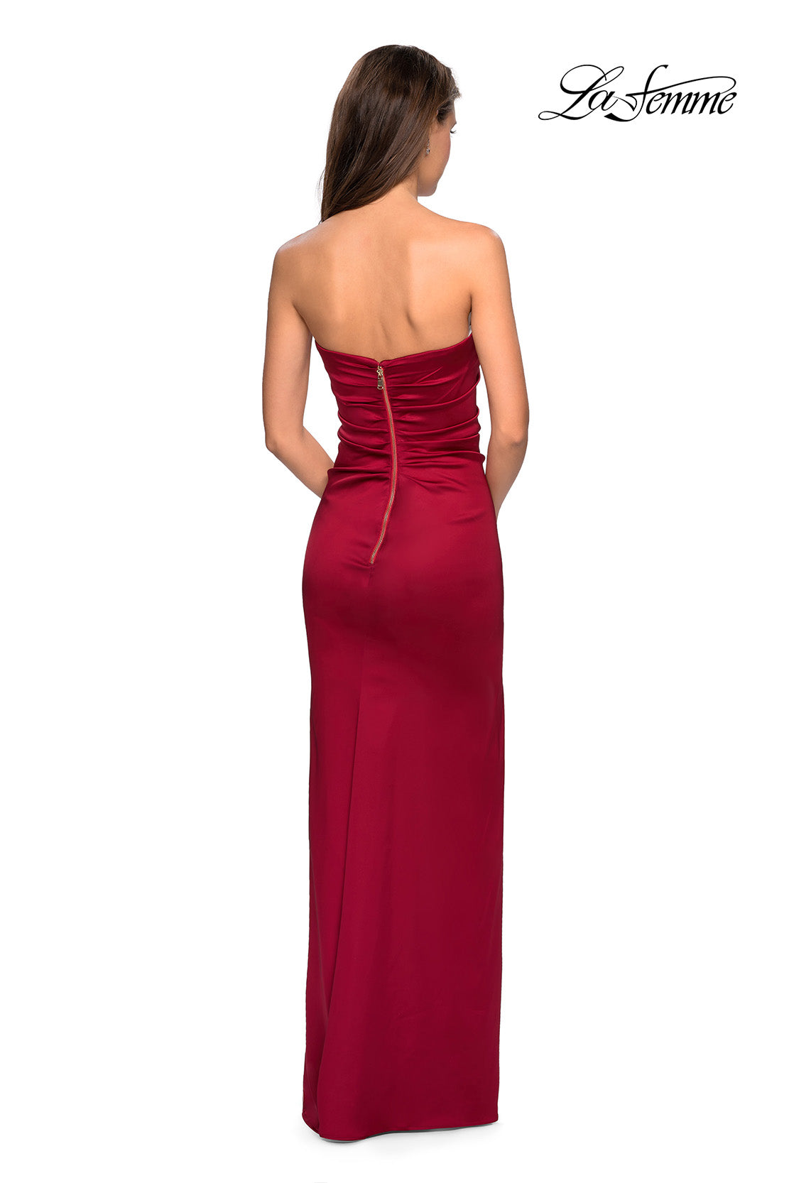 Picture of: Strapless Form Fitting Satin Dress with Side Leg Slit in Burgundy, Style: 27787, Detail Picture 4