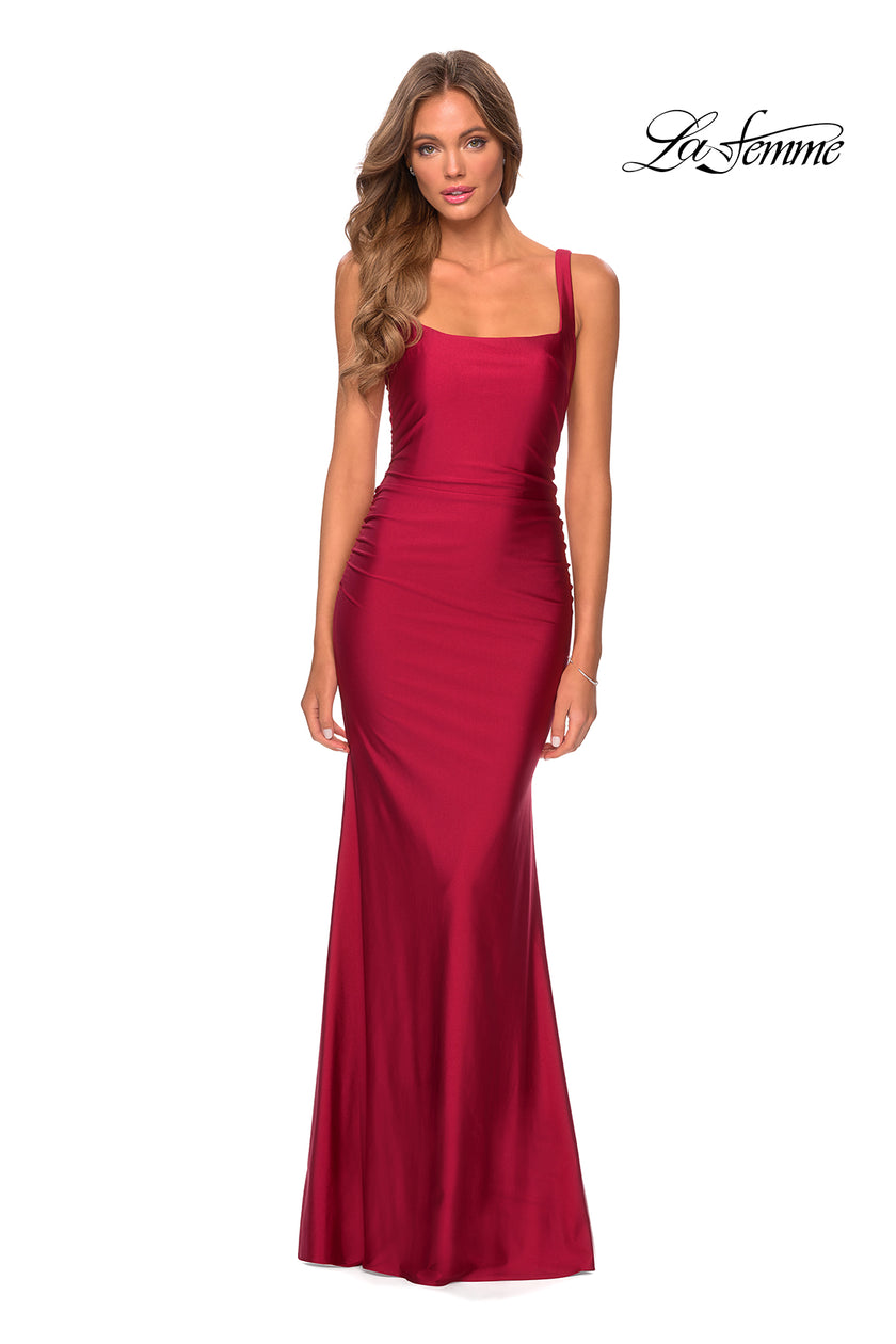 Picture of: Long Jersey Prom Dress with Full V-Shaped Back in Burgundy, Style: 28634, Detail Picture 4