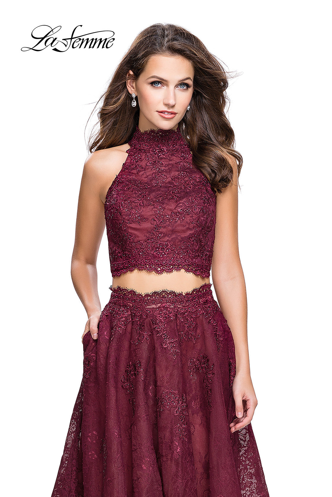 Picture of: Long Lace A-line Two Piece Prom Dress with Cut Outs in Burgundy, Style: 26103, Detail Picture 5