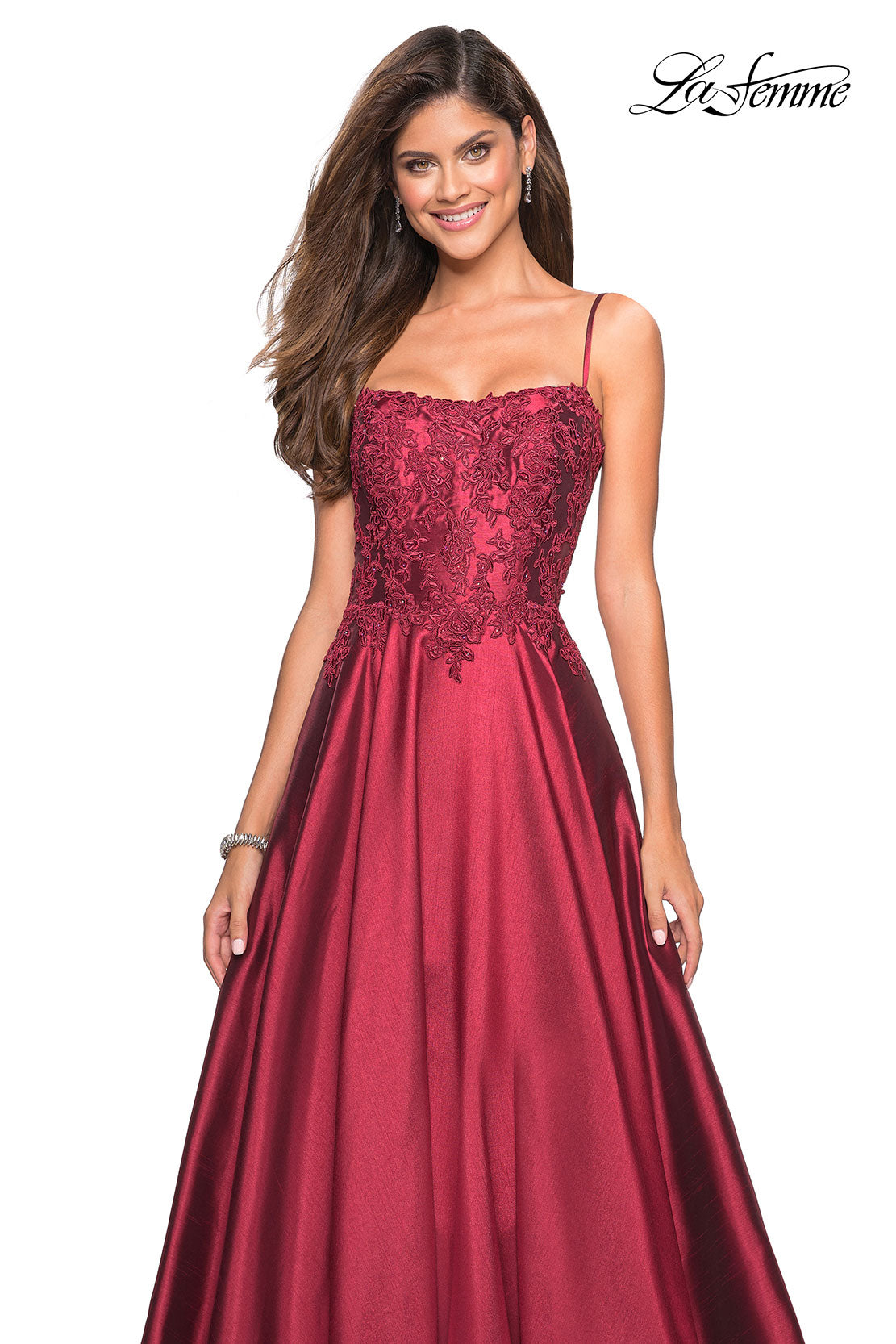 Picture of: Long Mikado Gown with Lace Bust and Open Back in Burgundy, Style: 27222, Detail Picture 5