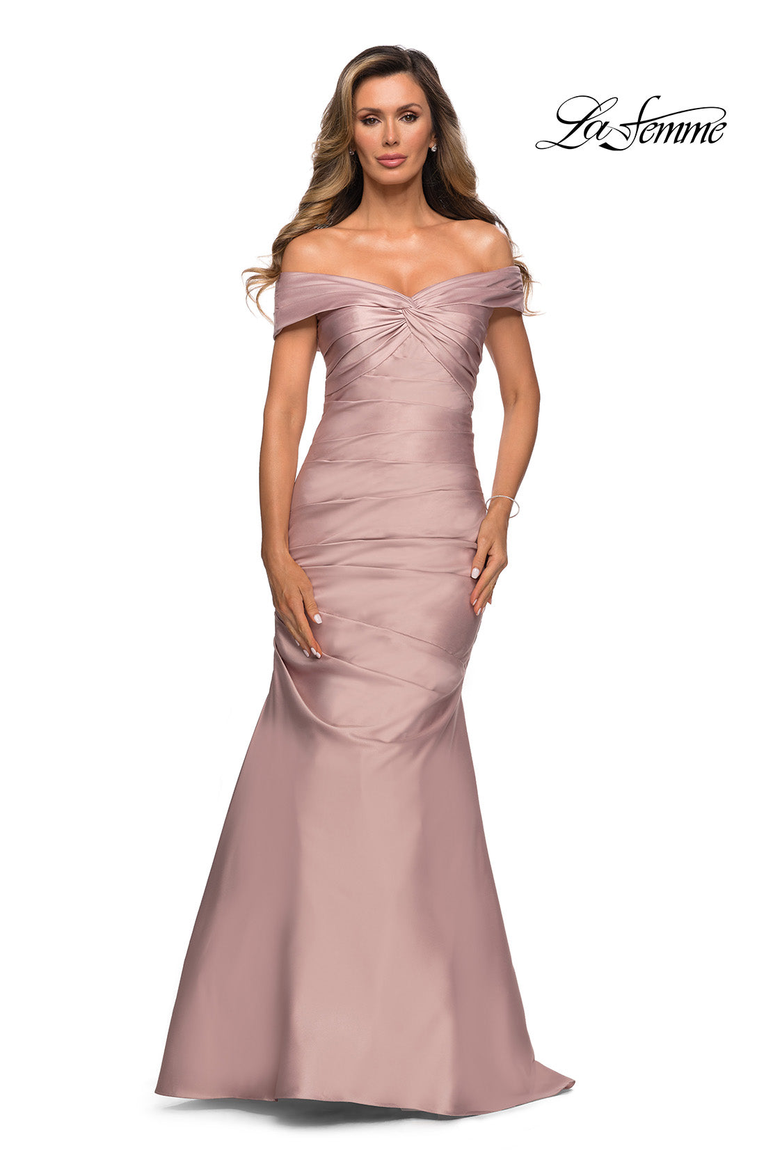 Picture of: Off the Shoulder Satin Evening Gown with Pleating in Champagne, Style: 28047, Main Picture