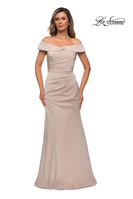 Picture of: Off the Shoulder Satin Evening Gown with Ruching in Champagne, Style: 28110, Main Picture
