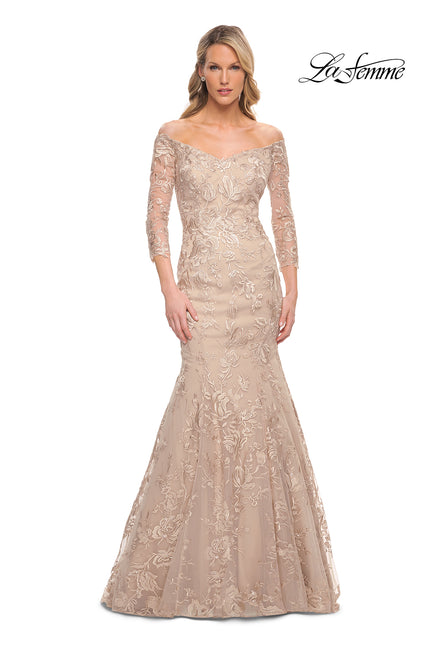 Picture of: Long Lace Mermaid Gown with Off the Shoulder Top in Pink, Style: 30164, Main Picture