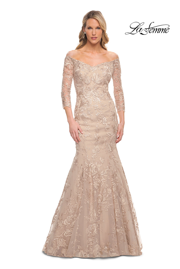 Picture of: Long Lace Mermaid Gown with Off the Shoulder Top in Pink, Style: 30164, Main Picture