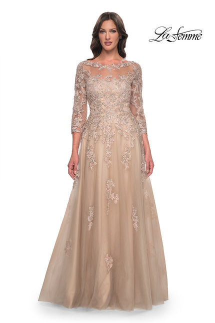 Picture of: A-Line Tulle and Lace Applique Gown with Lace Sleeves in Champagne, Style: 30859, Main Picture