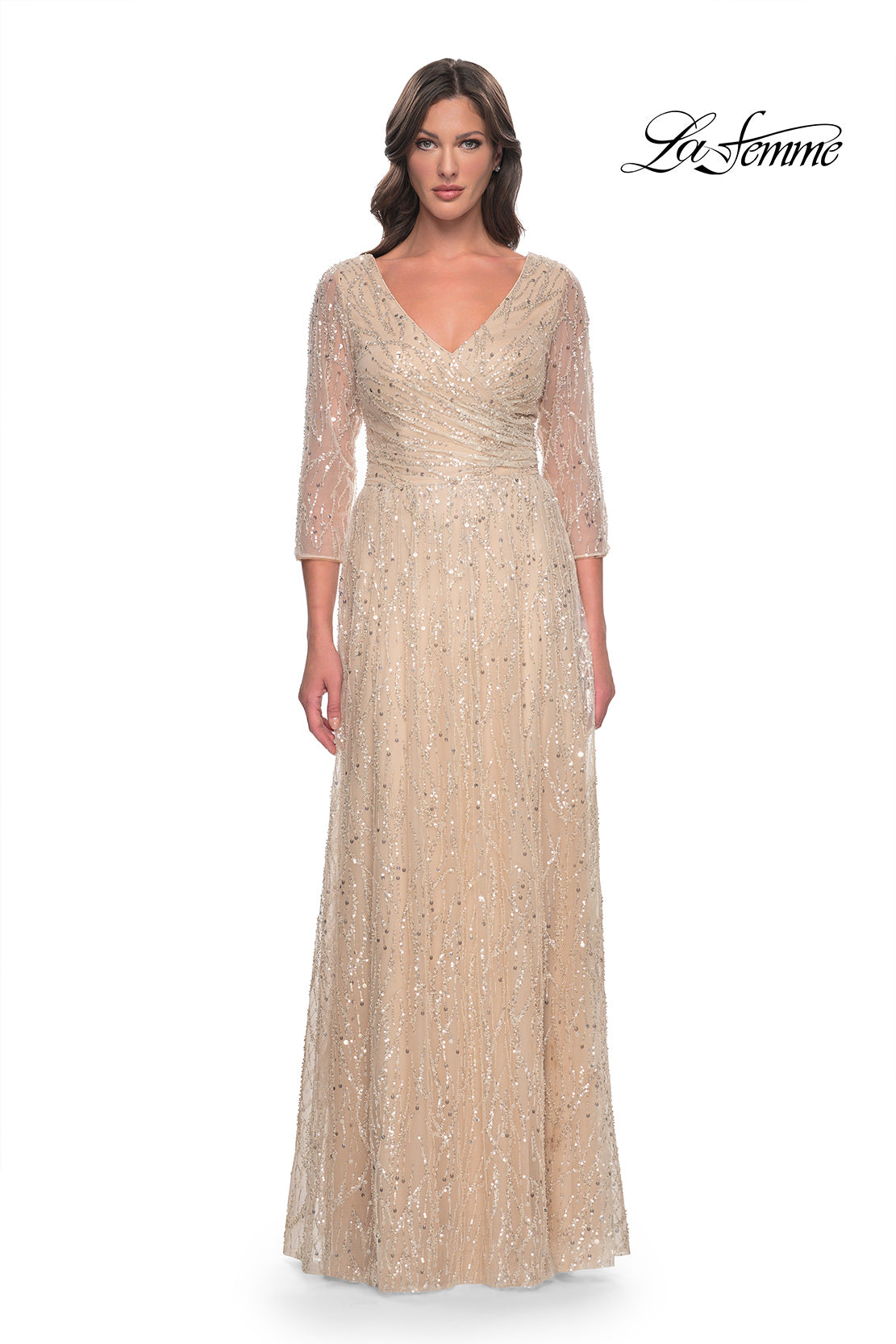 Picture of: Beaded Sequin Dress with Ruched Waist and V Neckline in Champagne, Style: 30911, Main Picture