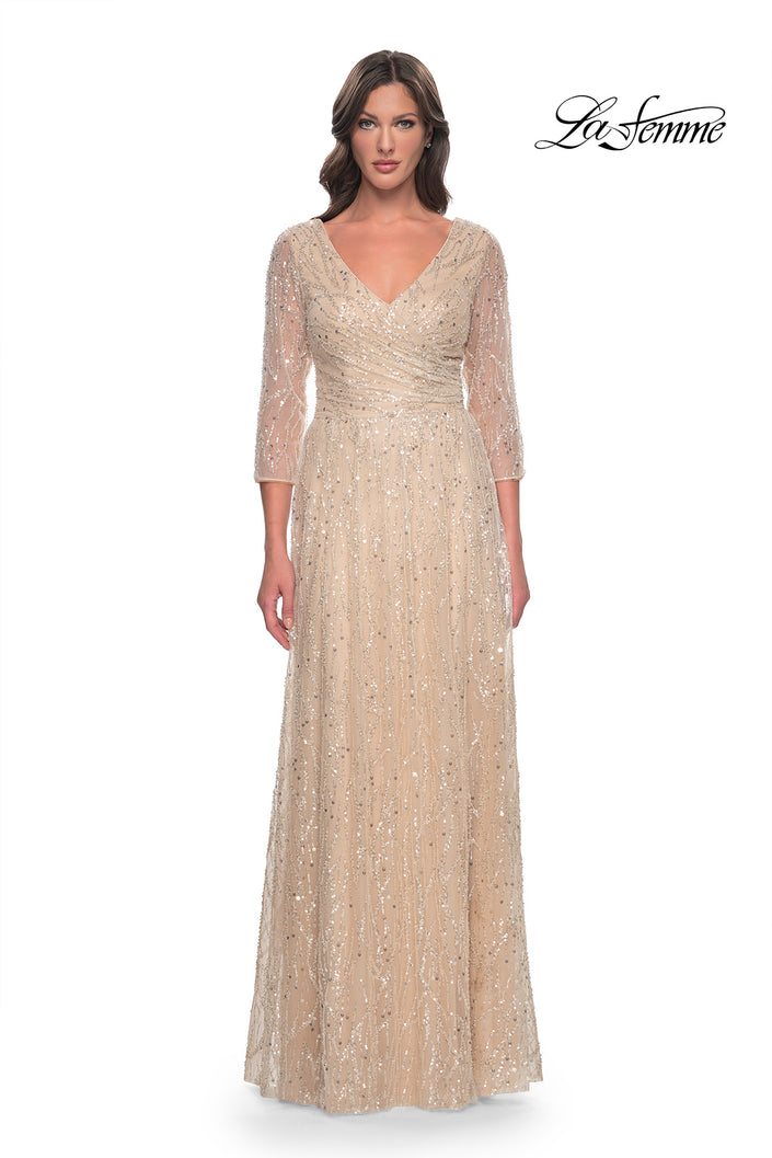 Picture of: Beaded Sequin Dress with Ruched Waist and V Neckline in Champagne, Style: 30911, Main Picture