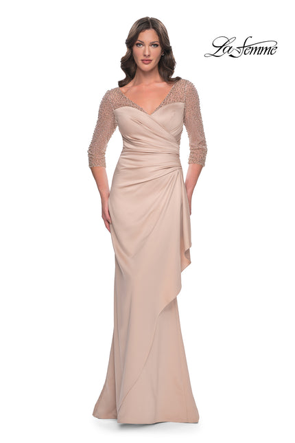 Picture of: Stunning Satin Dress with Gathered Waist and Beaded Illusion Sleeves in Champagne, Style: 31011, Main Picture