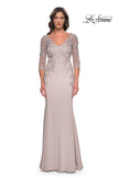 Picture of: Fitted Long Satin Dress with Lace Bodice and Sleeves in Champagne, Style: 31194, Main Picture
