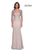 Picture of: Fitted Long Satin Dress with Lace Bodice and Sleeves in Champagne, Style: 31194, Main Picture