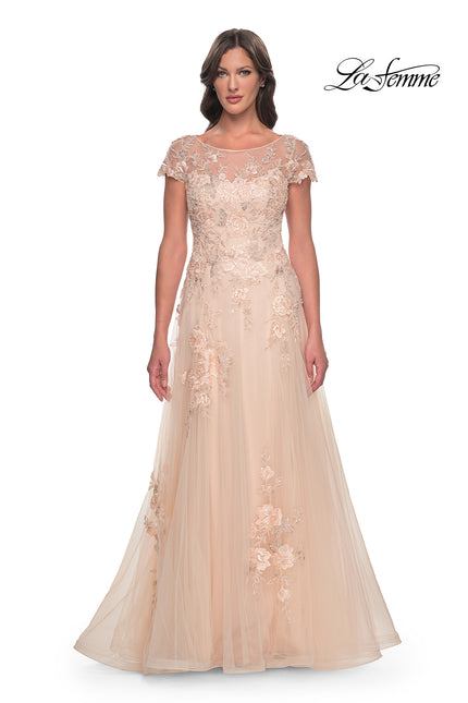 Picture of: Tulle and Lace A-Line Dress with Illusion Neckline and Short Sleeves in Champagne, Style: 31198, Main Picture