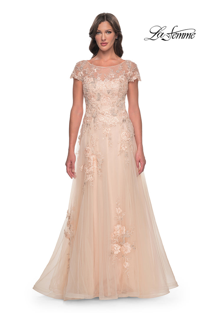 Picture of: Tulle and Lace A-Line Dress with Illusion Neckline and Short Sleeves in Champagne, Style: 31198, Main Picture