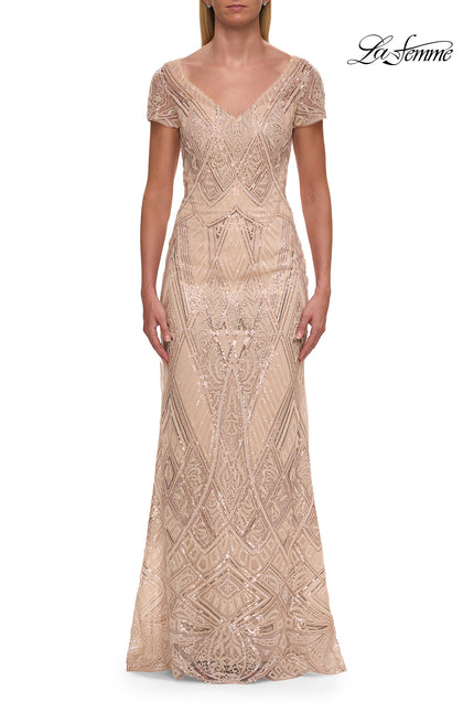 Picture of: Art Deco Beaded Long Evening Dress with V Neckline in Champagne, Style: 31844, Main Picture