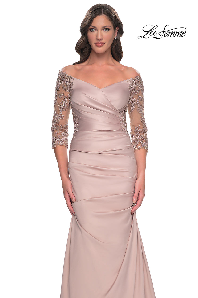 Picture of: Mermaid Satin Dress with Gathering and Off the Shoulder Top in Champagne, Style: 30853, Detail Picture 13