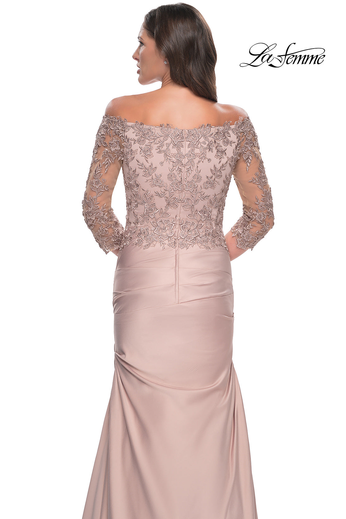 Picture of: Mermaid Satin Dress with Gathering and Off the Shoulder Top in Champagne, Style: 30853, Detail Picture 14