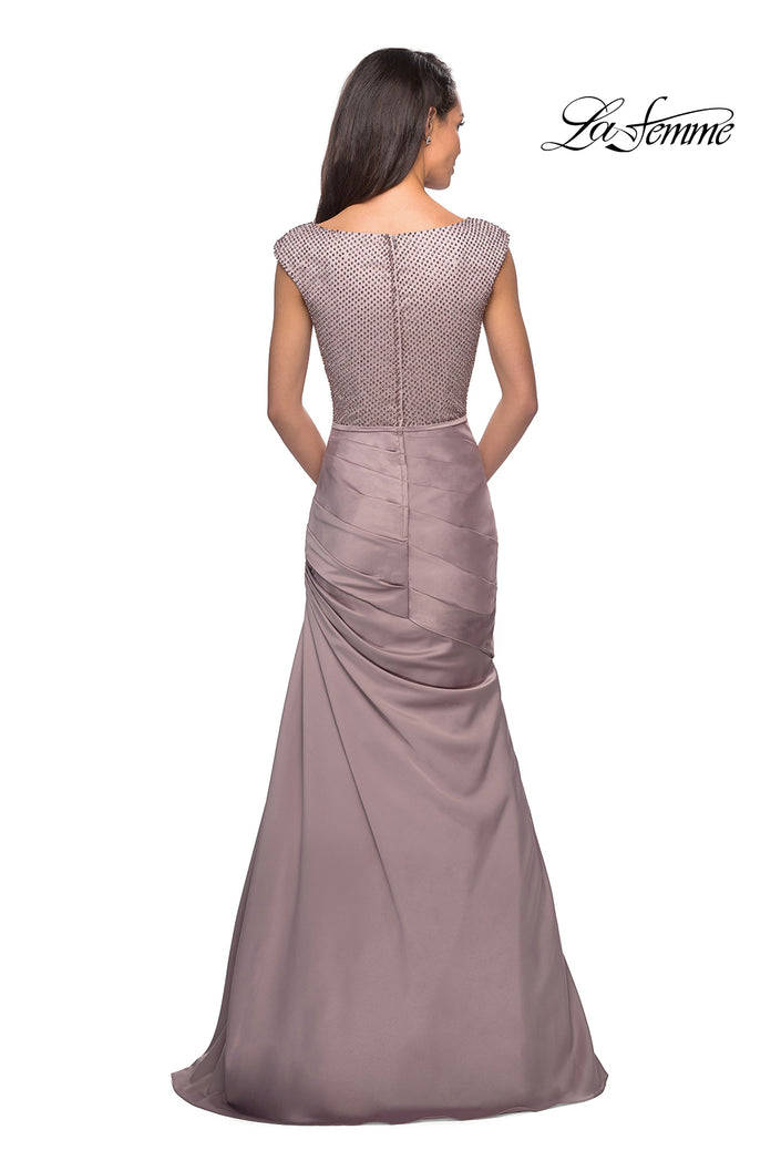Picture of: Floor Length Gown with Beading and Cap Sleeves in Champagne, Style: 25471, Back Picture