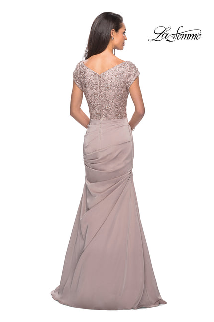 Picture of: Long Jersey Dress with Embellished Ruched Top in Champagne, Style: 26806, Back Picture