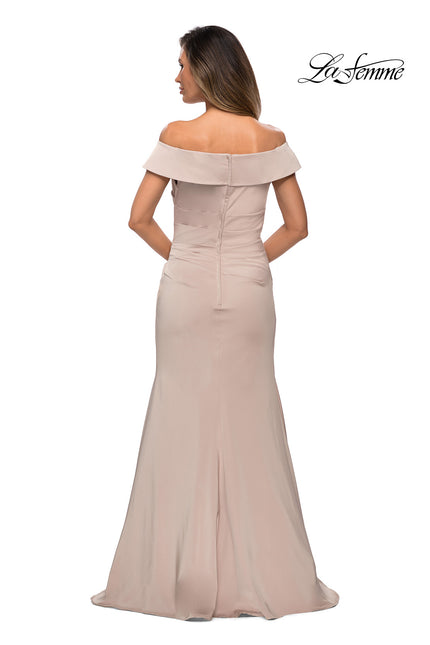 Picture of: Off the Shoulder Satin Evening Gown with Ruching in Champagne, Style: 28110, Back Picture