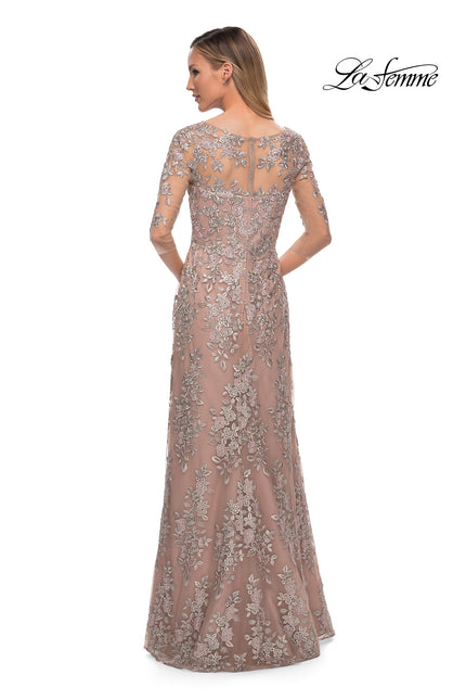 Picture of: Gorgeous Lace Long Gown with Three-Quarter Sleeves in Champagne, Back Picture