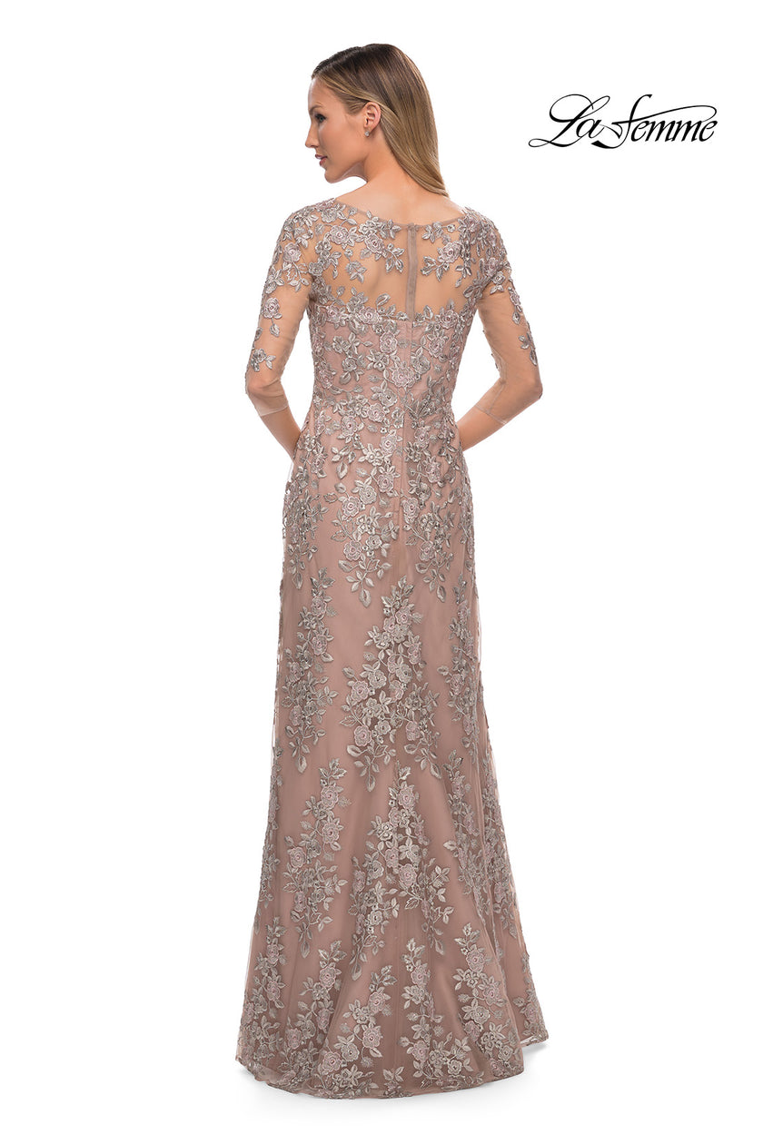 Picture of: Gorgeous Lace Long Gown with Three-Quarter Sleeves in Champagne, Back Picture
