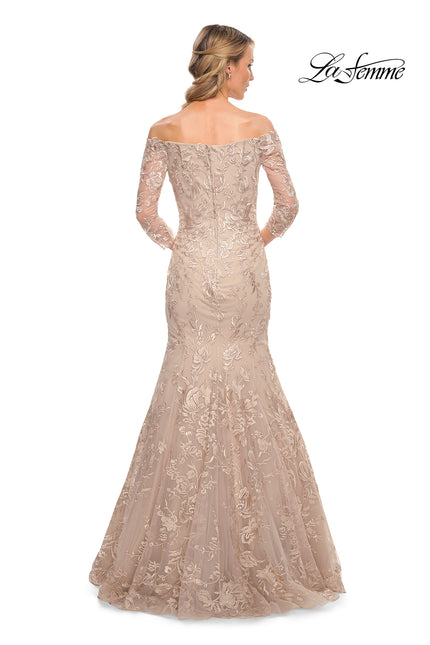 Picture of: Long Lace Mermaid Gown with Off the Shoulder Top in Pink, Style: 30164, Back Picture